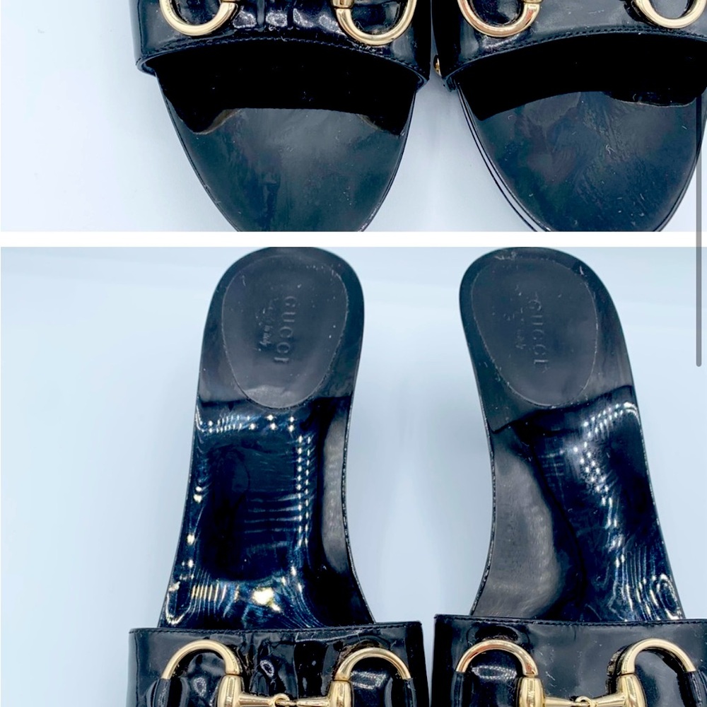 Gucci Patent Leather Horsebit Slide Sandals